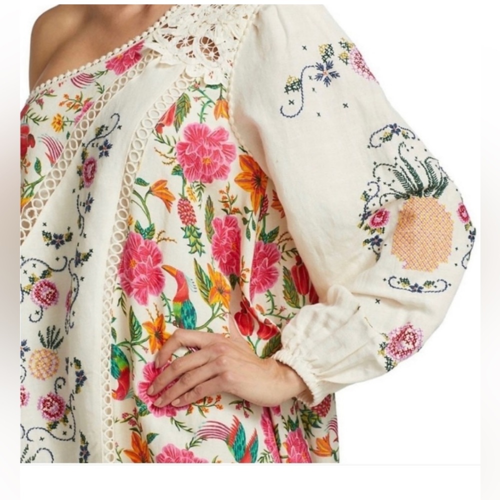 NWT Farm Rio Toucan's Garden Floral Embroidery One-Shoulder Linen Blend Dress - Picture 9 of 14